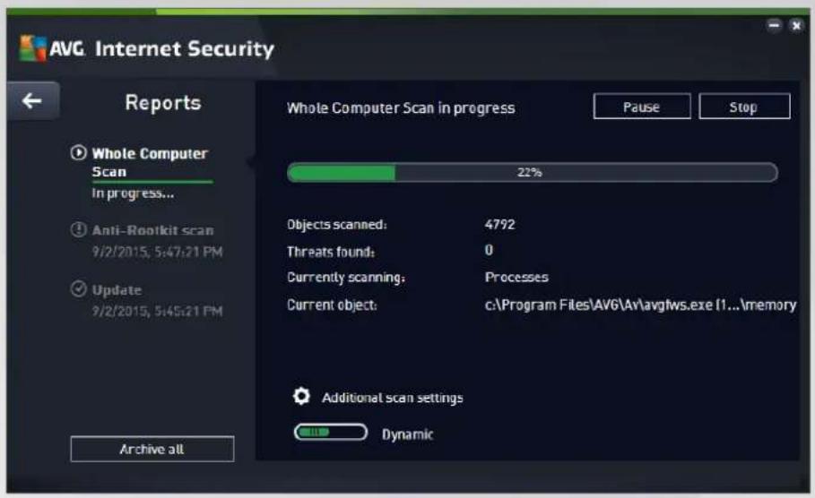 AVG Internet Security Reports Whole Computer Scan in progress Pause Stop Whole Computer Scan in progress 22% Objects scanned: 4792 Threats found: 0 Currently scanning: Processes Current object: c:\Program Files\AVG\Av\avgIws.exe (1...\memory Additional scan settings Dynamic Archive all