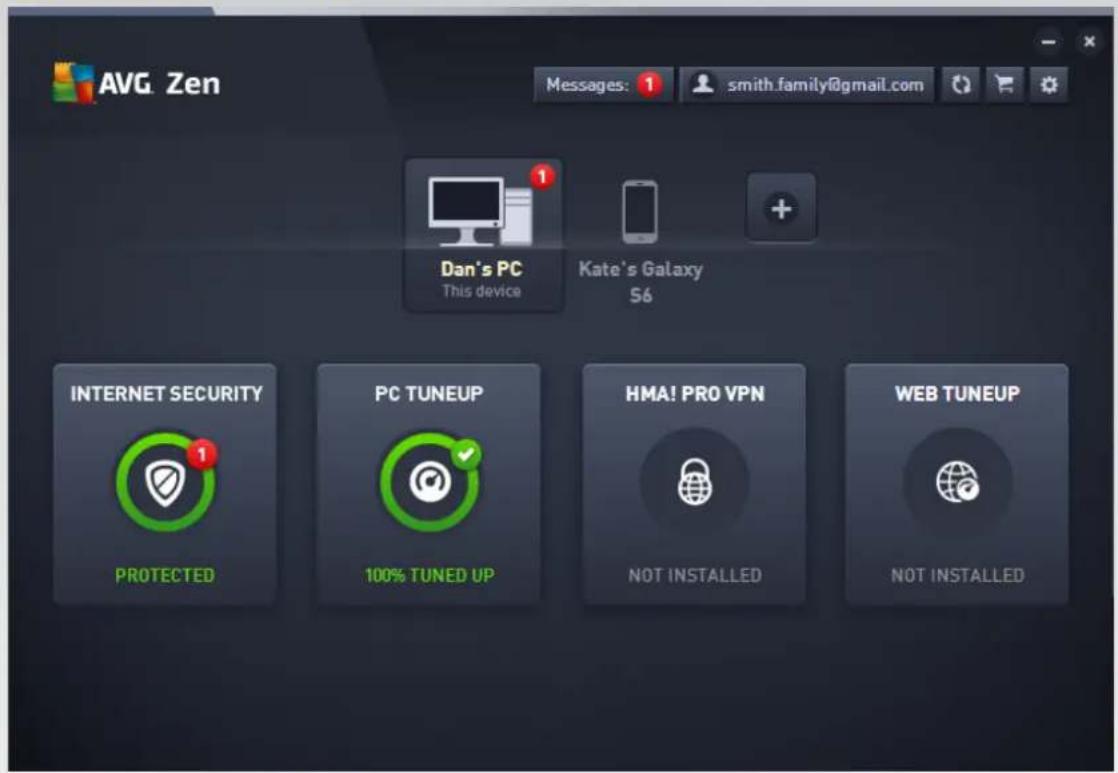 AVG Zen Messages: 1 smith.family@gmail.com Dan's PC This device Kate's Galaxy S6 INTERNET SECURITY 1 PROTECTED PC TUNEUP 100% TUNED UP HMA! PRO VPN NOT INSTALLED WEB TUNEUP NOT INSTALLED