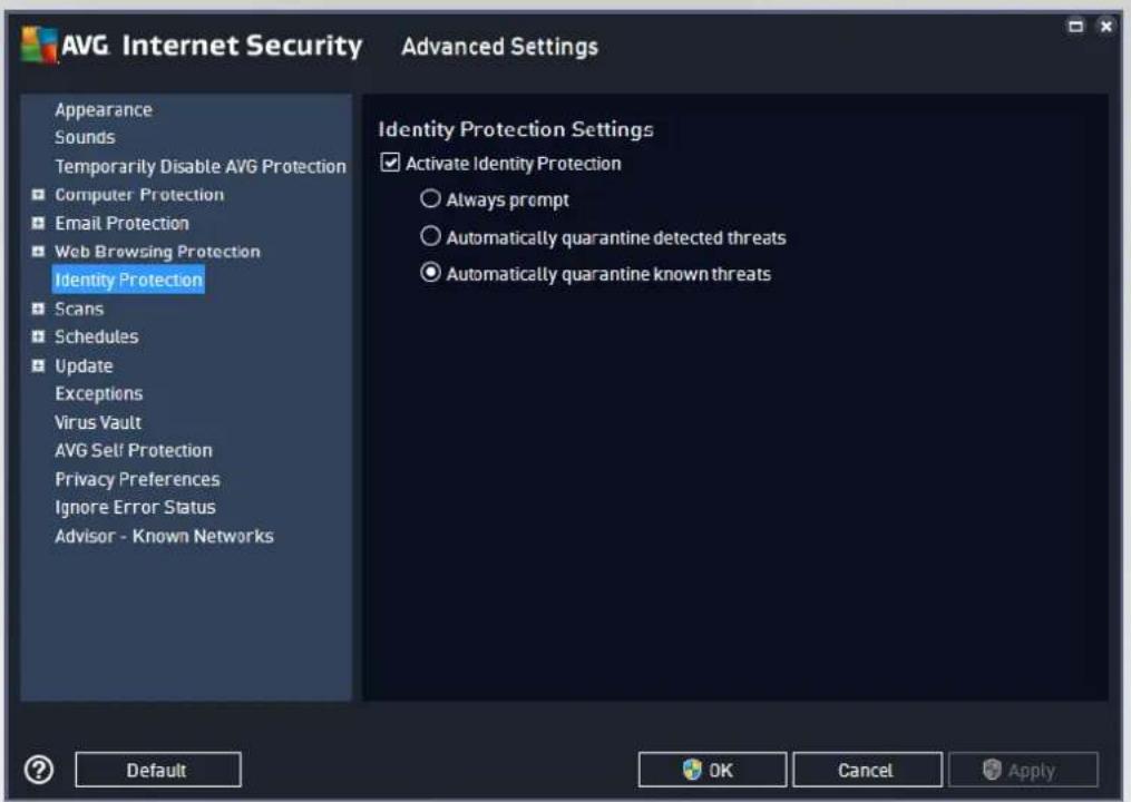 AVG Internet Security Advanced Settings Appearance Sounds Temporarily Disable AVG Protection Computer Protection Email Protection Web Browsing Protection Identity Protection Scans Schedules Update Exceptions Virus Vault AVG Self Protection Privacy Preferences Ignore Error Status Advisor - Known Networks Identity Protection Settings Activate Identity Protection Always prompt Automatically quarantine detected threats Automatically quarantine known threats Default OK Cancel Apply