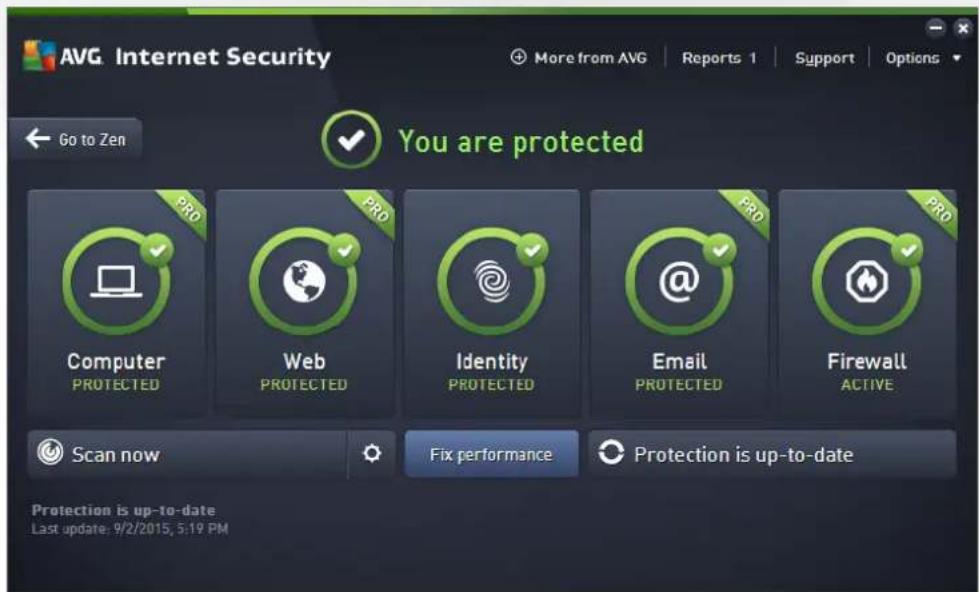 AVG Internet Security More from AVG Reports 1 Support Options Go to Zen You are protected Computer PROD Web PROD Identity PROD Email PROD Firewall PROD Scan now Fix performance Protection is up-to-date Protection is up-to-date Last update: 9/2/2015, 5:19 PM