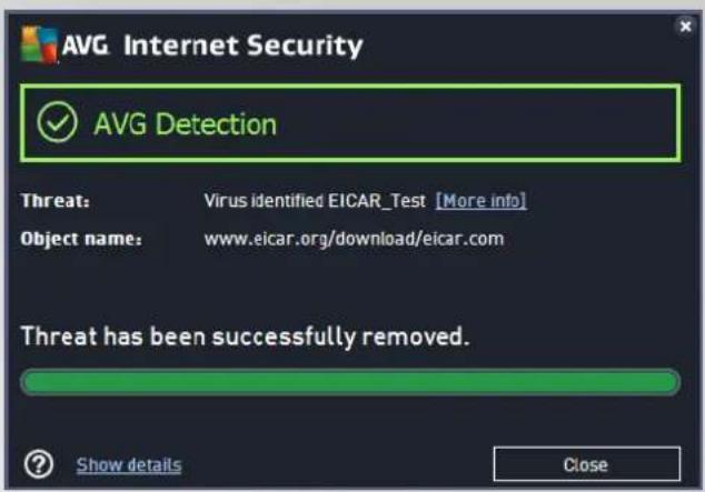 AVG Internet Security AVG Detection Threat: Virus identified EICAR_Test [More info] Object name: www.eicar.org/download/eicar.com Threat has been successfully removed. Show details Close