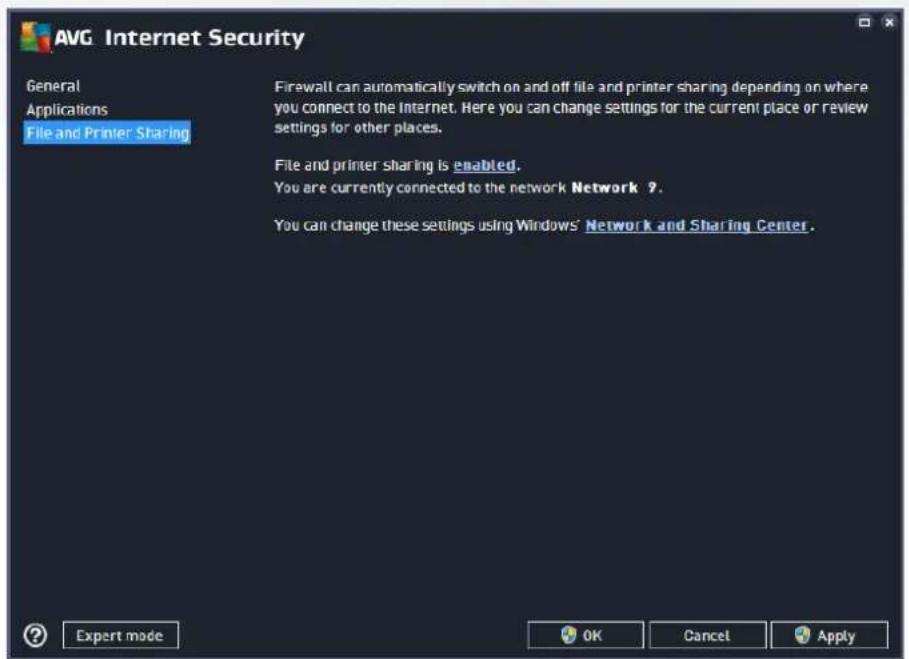 AVG Internet Security General Applications File and Printer Sharing Firewall can automatically switch on and off file and printer sharing depending on where you connect to the Internet. Here you can change settings for the current place or review settings for other places. File and printer sharing is enabled. You are currently connected to the network Network 9 . You can change these settings using Windows' Network and Sharing Center . Expert mode OK Cancel Apply