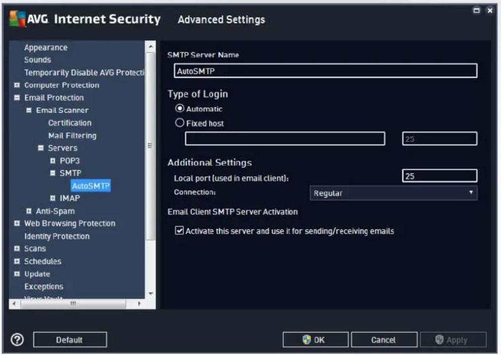 AVG Internet Security Advanced Settings Appearance Sounds Temporarily Disable AVG Protection Computer Protection Email Protection Email Scanner Certification Mail Filtering Servers POP3 SMTP AutoSMTP IMAP Anti-Spam Web Browsing Protection Identity Protection Scans Schedules Update Exceptions View Vault SMTP Server Name AutoSMTP Type of Login Automatic Fixed host 25 Additional Settings Local port (used in email client): 25 Connection: Regular Email Client SMTP Server Activation Activate this server and use it for sending/receiving emails Default OK Cancel Apply