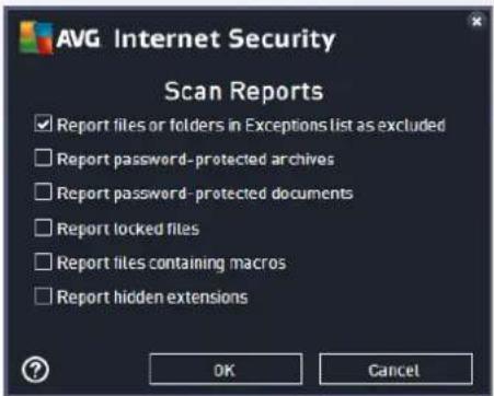 AVG Internet Security Scan Reports ✓ Report files or folders in Exceptions list as excluded ☐ Report password-protected archives ☐ Report password-protected documents ☐ Report locked files ☐ Report files containing macros ☐ Report hidden extensions OK Cancel