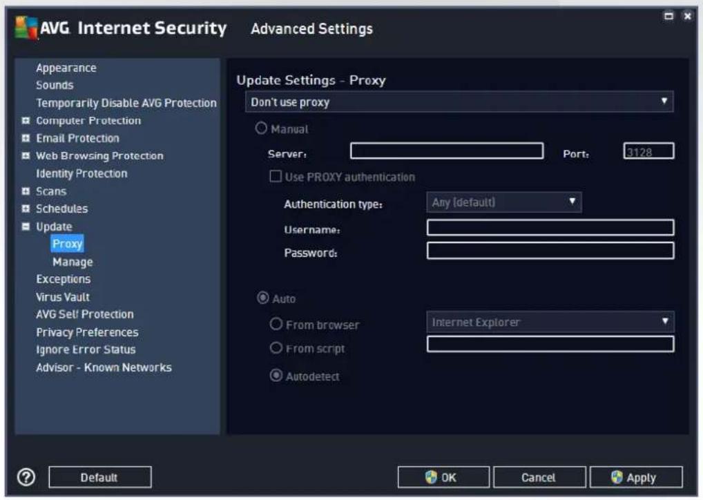 AVG Internet Security Advanced Settings Appearance Sounds Temporarily Disable AVG Protection Computer Protection Email Protection Web Browsing Protection Identity Protection Scans Schedules Update Proxy Manage Exceptions Virus Vault AVG Set/ Protection Privacy Preferences Ignore Error Status Advisor - Known Networks Update Settings - Proxy Don't use proxy Manual Server: Port: 3128 Use PROXY authentication Authentication type: Any [default] Username: Password: Auto From browser Internet Explorer From script Autodetect Default OK Cancel Apply