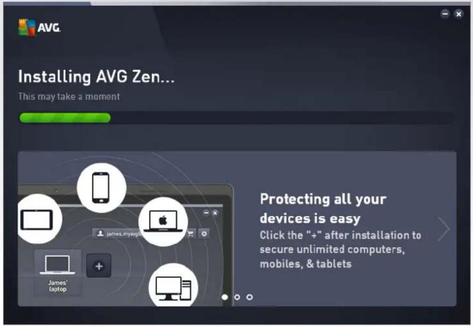 AVG Installing AVG Zen... This may take a moment Protecting all your devices is easy Click the "+" after installation to secure unlimited computers, mobiles, & tablets
