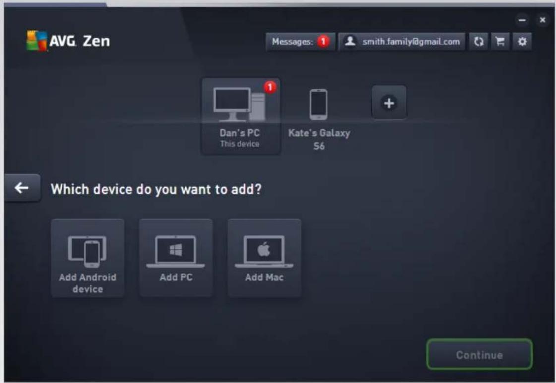 AVG Zen Messages: 1 smith.family@gmail.com Dan's PC This device Kate's Galaxy S6 Which device do you want to add? Add Android device Add PC Add Mac Continue