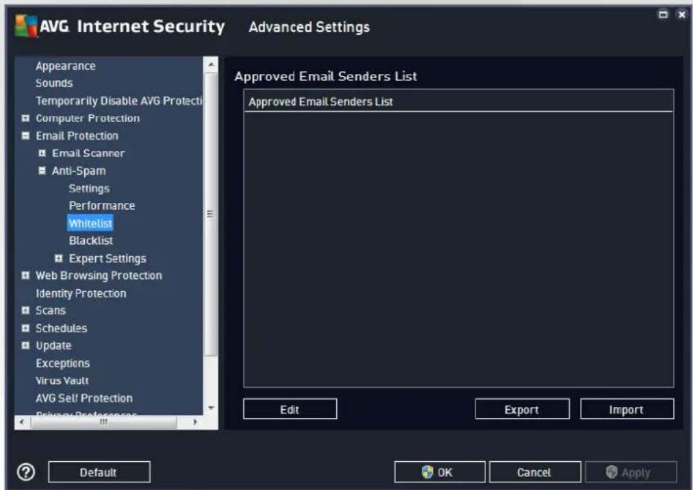 AVG Internet Security Advanced Settings Appearance Sounds Temporarily Disable AVG Protection Computer Protection Email Protection Email Scanner Anti-Spam Settings Performance Whitelist Blacklist Expert Settings Web Browsing Protection Identity Protection Scans Schedules Update Exceptions Virus Vault AVG Self Protection Privacy Preferences Approved Email Senders List Approved Email Senders List Edit Export Import Default OK Cancel Apply