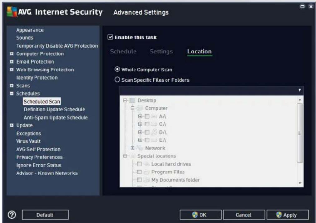 AVG Internet Security Advanced Settings Appearance Sounds Temporarily Disable AVG Protection Computer Protection Email Protection Web Browsing Protection Identity Protection Scans Schedules Scheduled Scan Definition Update Schedule Anti-Spam Update Schedule Update Exceptions Virus Vault AVG Self Protection Privacy Preferences Ignore Error Status Advisor - Known Networks Enable this task Schedule Settings Location Whole Computer Scan Scan Specific Files or Folders Desktop Computer A:\ C:\ D:\ E:\ Network Special locations Local hard drives Program Files My Documents folder Default OK Cancel Apply