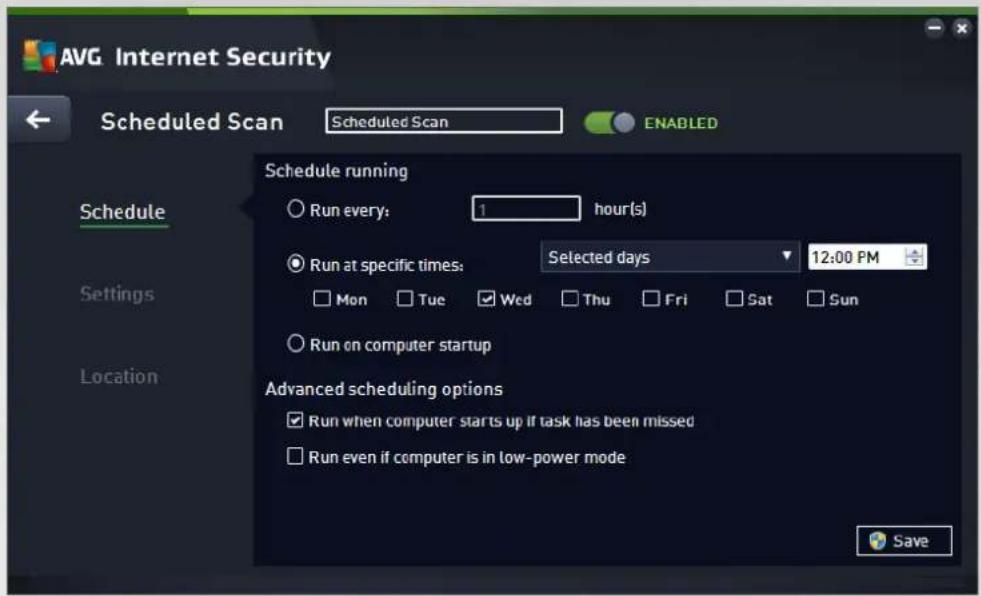 AVG Internet Security Scheduled Scan Scheduled Scan ENABLED Schedule running Run every: 1 hour(s) Run at specific times: Selected days 12:00 PM Mon Tue Wed Thu Fri Sat Sun Run on computer startup Advanced scheduling options Run when computer starts up if task has been missed Run even if computer is in low-power mode Save