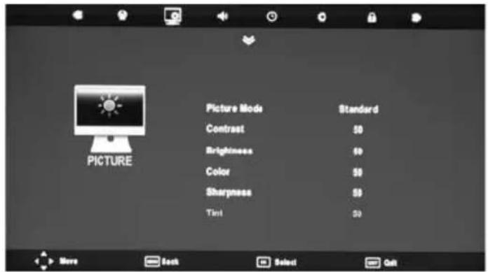 Picture Mode Standard Contrast 50 Brightness 50 Color 50 Sharpness 50 Tint 50