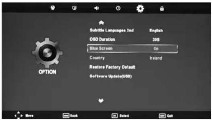Subtitle Languages 2nd OSD Duration Blue Screen Country Restore Factory Default Software Update(USB) English 308 Ireland