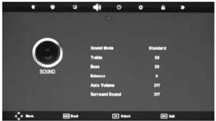 Sound Sound Mode Standard Trable 50 Base 50 Balance 0 Auto Volume Off Surround Sound Off