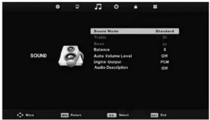 Sound Mode Standard Treble 50 Base 40 Balance 0 Auto Volume Level Off Digital/ Output PCM Audio Description Off SOUND More Return OK Select Add Exit