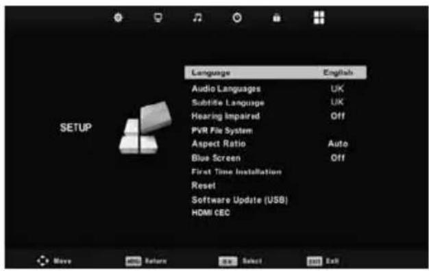 Language Audio Languages Subtitle Language Hearing Impaired PVR File System Aspect Ratio Blue Screen First Time Installation Reset Software Update (USB) HDMI CEC English UK Off Auto Off OK