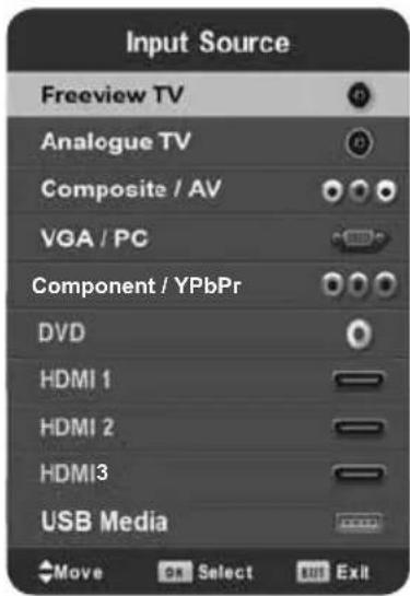 Input Source Freeview TV Analog TV Composite / AV VGA / PC Component / YPbPr DVD HDMI 1 HDMI 2 HDMI3 USB Media Move OK Select Exit Exit