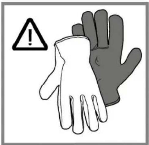 Warning symbol image showing a hand holding a white glove and a gray glove, with an exclamation mark in the warning triangle.