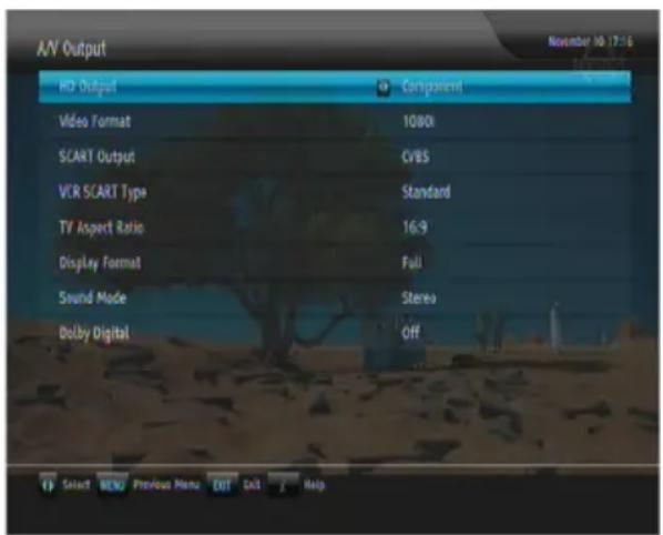 A/V Output NO Output Video Format SCART Output VCR SCART Type TV Aspect Ratio Display Format Sound Mode Dolby Digital Component 100% CVBS Standard 16:9 Full Stereo Off Select MENU Previous Menu Exit Exit Help November 10 17:56