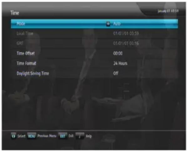 Time January 01 03:59 Mode Auto Local Time 01/01/01 03:59 GMT 01/01/01 03:16 Time Offset 00:00 Time Format 24 Hours Daylight Saving Time Off Select MENU Previous Menu Exit Exit Help