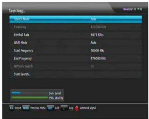 Searching... November 10 17:52 Search Mode Auto Frequency 424000 KHz Symbol Rate 6875 KS/s QAN Mode Auto Start Frequency 50000 KHz End Frequency 870000 KHz Network Search On Start Search... 24% Level 99% Quality Select MENU Previous Menu LET Exit Help Extended Signal