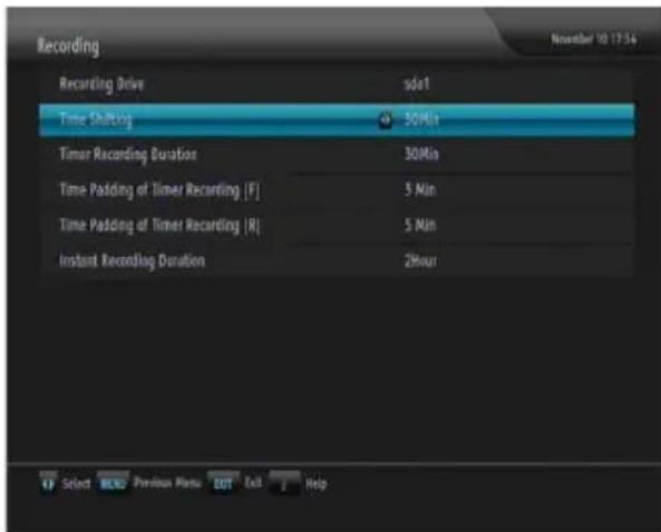 Recording Recording Drive sds1 Time Shifting 30Mio Timer Recording Duration 30Mio Time Padding of Timer Recording [F] 5 Min Time Padding of Timer Recording [R] 5 Min Instant Recording Duration 2Hour Select Previous Menu Exit Help November 10 17:54