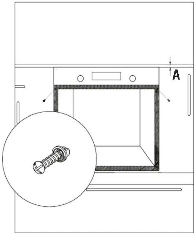 Technical diagram showing a screw installation inside a washing machine with labeled component A and a magnified view of the screw.