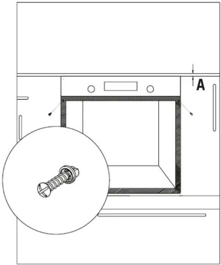 Technical diagram showing a screw installation inside a washing machine with labeled component A and a magnified view of the screw.