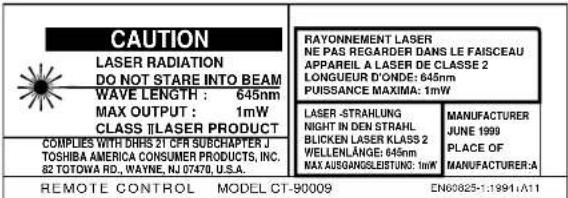 CAUTION LASER RADIATION DO NOT STARE INTO BEAM WAVE LENGTH : 645nm MAX OUTPUT : 1mW CLASS TILASER PRODUCT COMPLIES WITH DHRS 21 CFR SUBCHAPTER J TOSHIBA AMERICA CONSUMER PRODUCTS, INC. 82 TOTOWA RD., WAYNE, NJ 07470, U.S.A. RAYONNEMENT LASER NE PAS REGARDER DANS LE FAISCEAU APPAREIL A LASER DE CLASSE 2 LONGUEUR D'ONDE: 645nm PUISSANCE MAXIMA: 1mW LASER -STRAHLUNG NIGHT IN DEN STRAHL BLICKEN LASER KLASSE 2 WELLENLANGE: 645nm MAX AUSGANGSLEISTUNG: 1mW MANUFACTURER JUNE 1999 PLACE OF MANUFACTURER-A REMOTE CONTROL MODEL CT-90009 EN60825-1:1991:A11