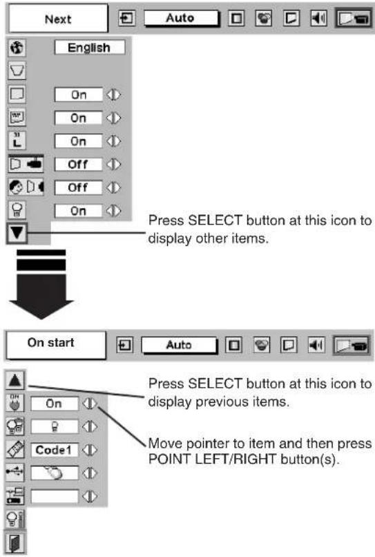 Next English On On On Off Off On Press SELECT button at this icon to display other items. On start On Code1 Press SELECT button at this icon to display previous items. Move pointer to item and then press POINT LEFT/RIGHT button(s).