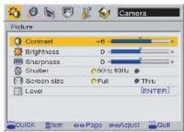 Camera Picture Contrast -6 Brightness D Sharpness D Shutter 50Hz 80Hz Screen size Full Thru Level ENTER QUICK Item ePage eAdjust Quit