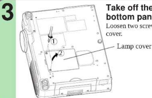 Take off the bottom pan Loosen two screw cover. Lamp cover