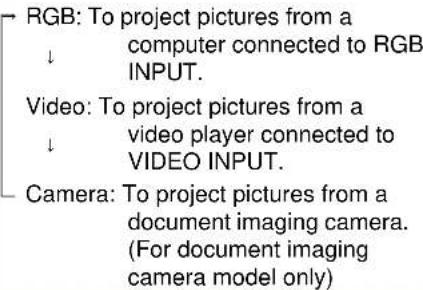 RGB: To project pictures from a computer connected to RGB INPUT. Video: To project pictures from a video player connected to VIDEO INPUT. Camera: To project pictures from a document imaging camera. (For document imaging camera model only)