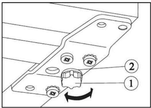 Technical diagram of a mechanical component with numbered parts and rotation arrow indicating motion