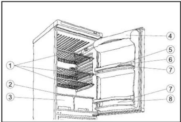 Technical diagram of an open refrigerator with numbered parts labeled for identification.