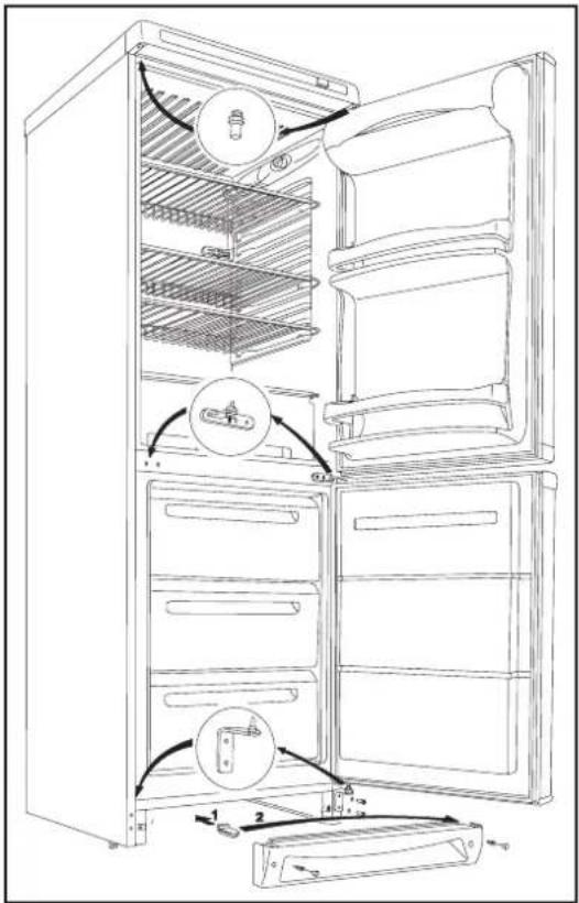 Technical diagram of an open refrigerator with labeled parts and directional arrows indicating internal components.