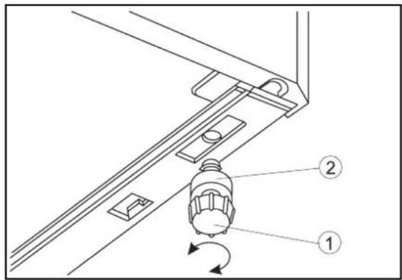 Technical diagram showing a mechanical assembly with labeled parts 1 and 2, including a rotating component and directional arrows.