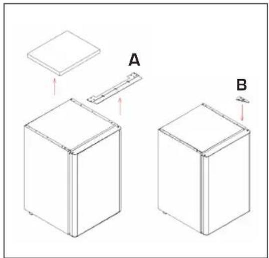 Technical diagram showing two 3D rectangular blocks labeled A and B with directional arrows indicating assembly or movement.