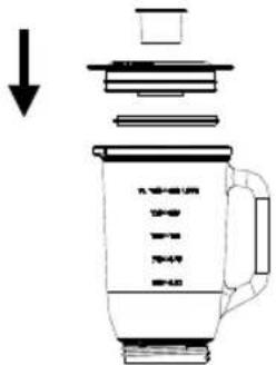 Diagram of a blender with labeled parts and an arrow indicating downward motion