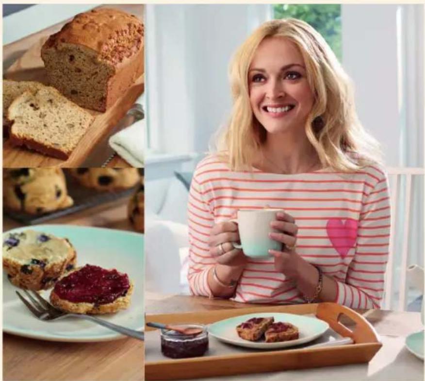Collage of food and beverage items including bread slices, cookies, and a smiling woman holding a cup (no visible text or symbols)