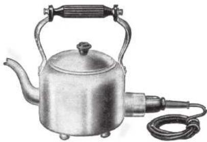 Illustration of a metallic kettle with handle and coiled cable, no text or symbols present