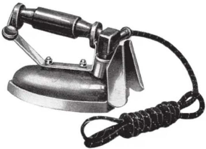 Vintage iron iron with coiled cord and handle (no text or symbols visible)