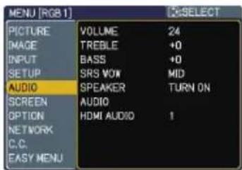 MENU [RGB 1] PICTURE IMAGE INPUT SETUP AUDIO SCREEN OPTION NETWORK C.C. EASY MENU VOLUME 24 TREBLE +0 BASS +0 SRS VOW MID SPEAKER TURN ON AUDIO HDMI AUDIO 1 X-SELECT