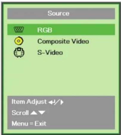 Source RGB Composite Video S-Video Item Adjust ↩/ Scroll ▲▼ Menu = Exit