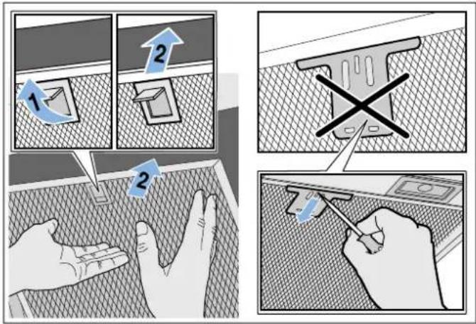 Diagram illustrating four steps of installing a component, showing hand positioning and tool application with numbered annotations.