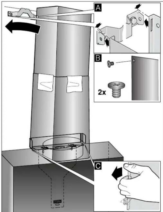 Technical diagram illustrating a mechanical assembly with labeled components A, B, and C, showing directional arrows and component details.