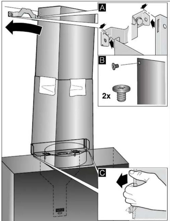 Technical diagram illustrating a mechanical assembly process with labeled steps A, B, and C, showing tool path and component alignment.