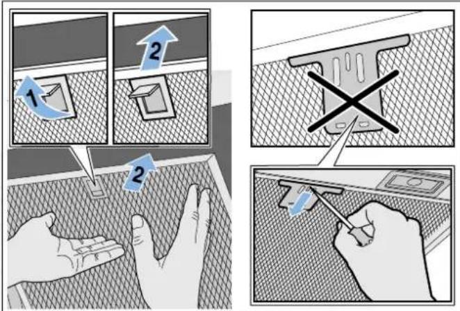 Technical diagram illustrating four steps of installing a component, with numbered instructions and magnified views.