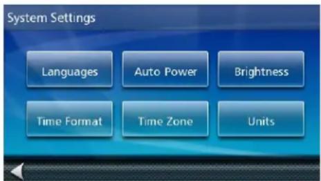 System Settings Languages Auto Power Brightness Time Format Time Zone Units