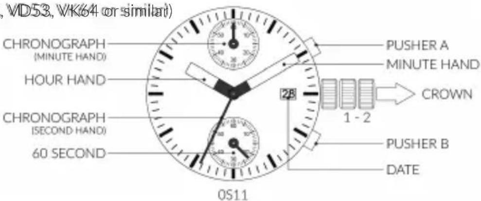 , VD53, VK64 or similar) CHRONOGRAPH (MINUTE HAND) HOUR HAND CHRONOGRAPH (SECOND HAND) 60 SECOND 0511 PUSHER A MINUTE HAND CROWN 28 1 - 2 PUSHER B DATE