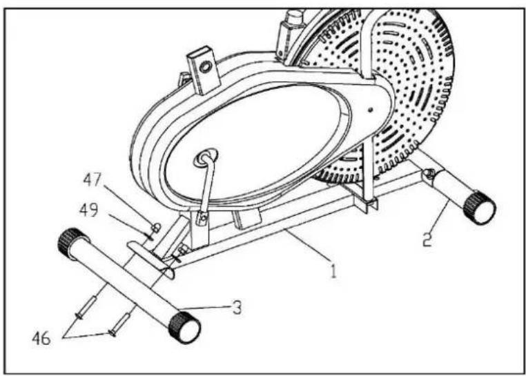 Technical diagram of a stationary exercise machine with numbered components labeled 1 through 49.